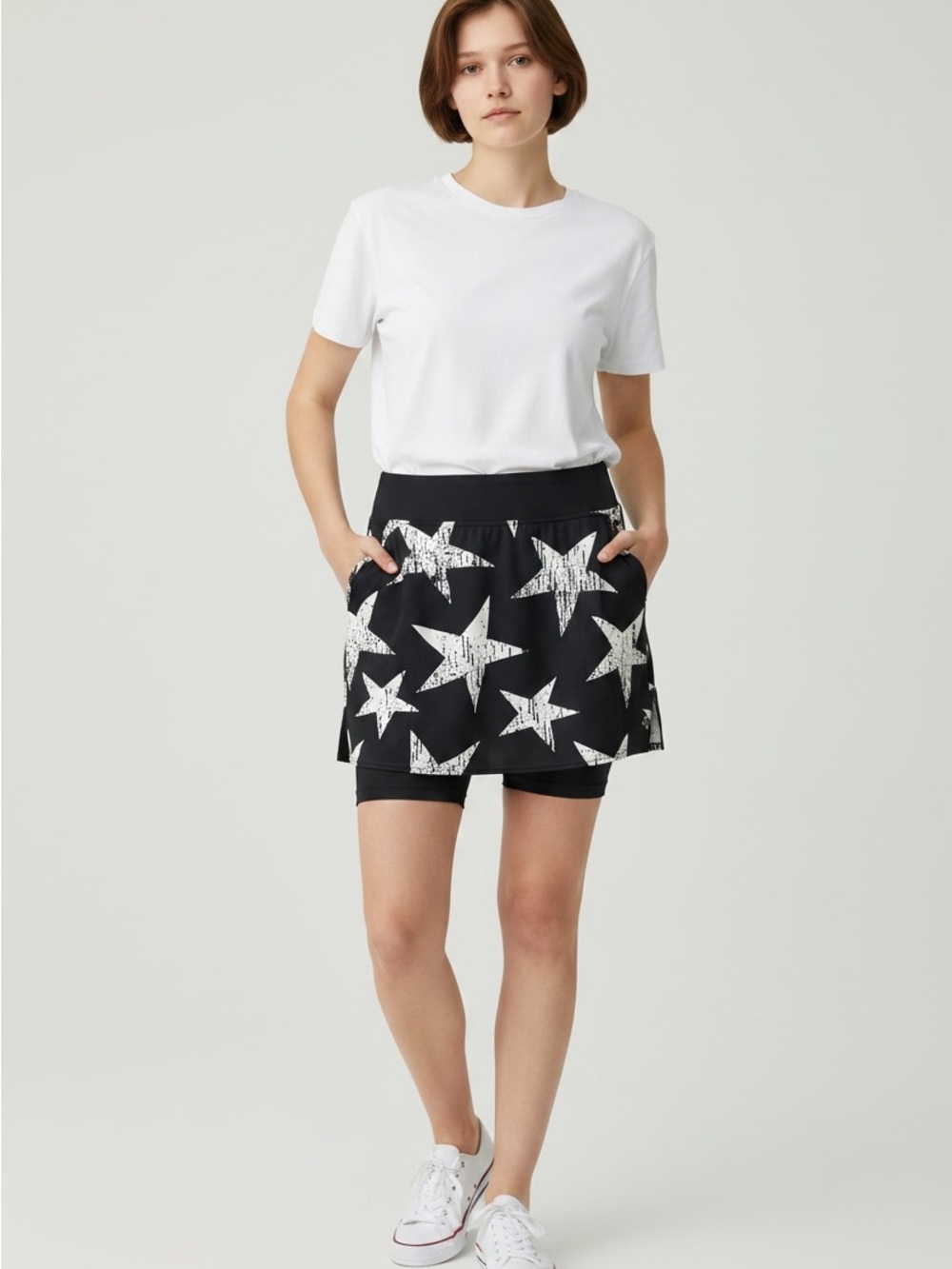 Jofit Women’s Skirt Skort Size L Blue with White Stars Pockets Golf Pickleball
